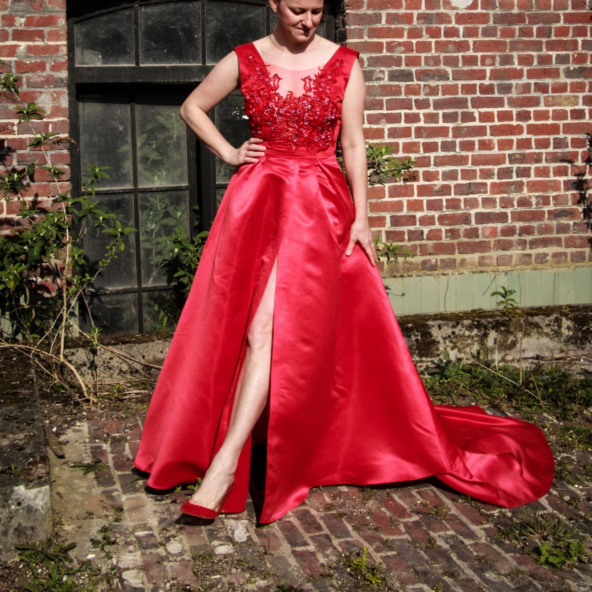 Red Long Dress With Train, Front Slit Dress, Wedding Red Dress