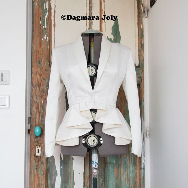 White Handmade Asymmetrical Peplum Jacket | Bridal Cover up With