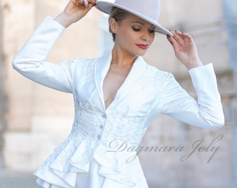 Asymmetrical Beaded Bridal Jacket: Ivory Peplum Wedding Blazer