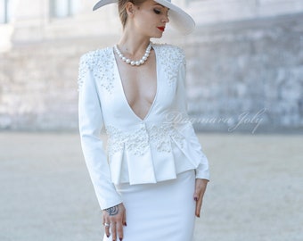 Wedding skirt suit, woman jacket, ivory peplum jacket, wedding jacket, bridal jacket, bridal skirt suit; women skirt suit