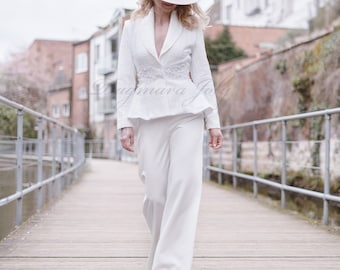 Crepe Bridal Pantsuit – Blazer & Pants, Modern Bride Two-Piece Wedding Outfit made to measure