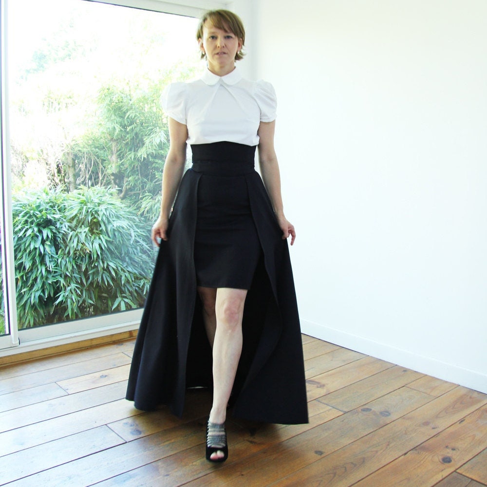 Black Maxi Overlay Skirt High Waist Asymmetrical Ballgown, Detachable Overskirt