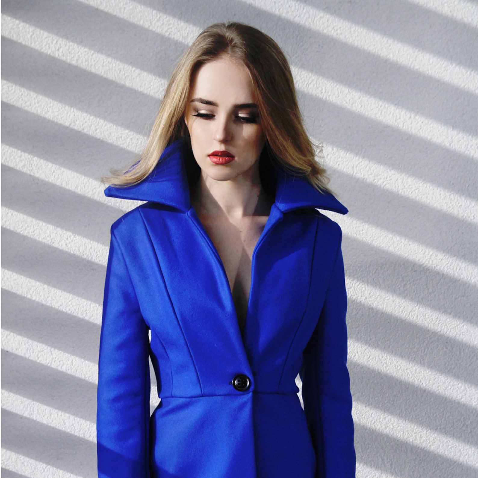Women cobalt blue wool coat women knee length coat straight Etsy