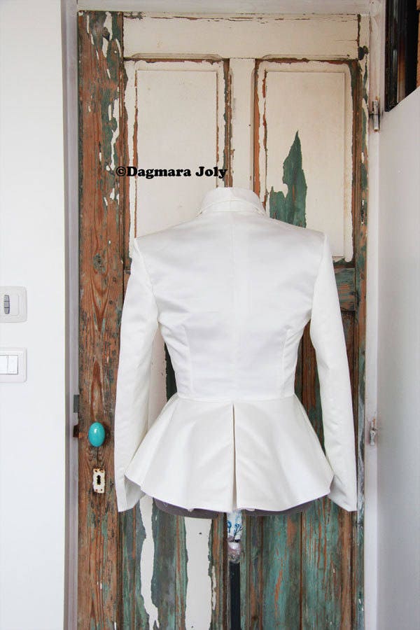 Black Satin Peplum Jacket, Asymmetrical Shawl Collar, Evening