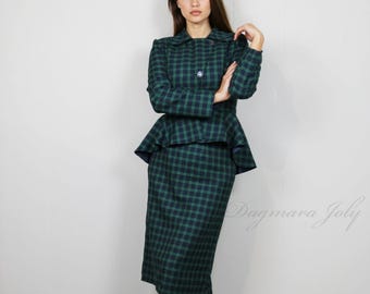 Completo gonna peplum asimmetrica a quadri, set gonna da lavoro fatto a mano, abito da donna d'affari su misura