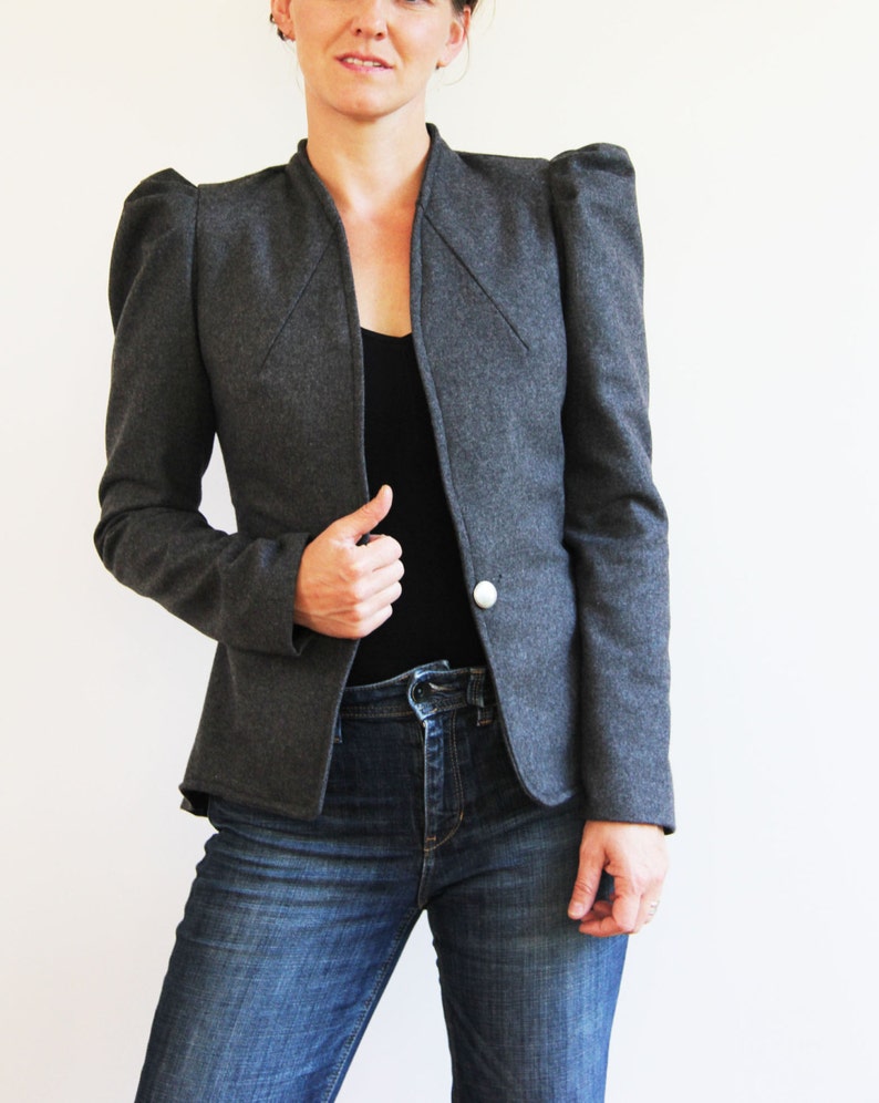 Woman Slim Fit Blazer Gray Jacket Puff Sleeve Jacket Women | Etsy