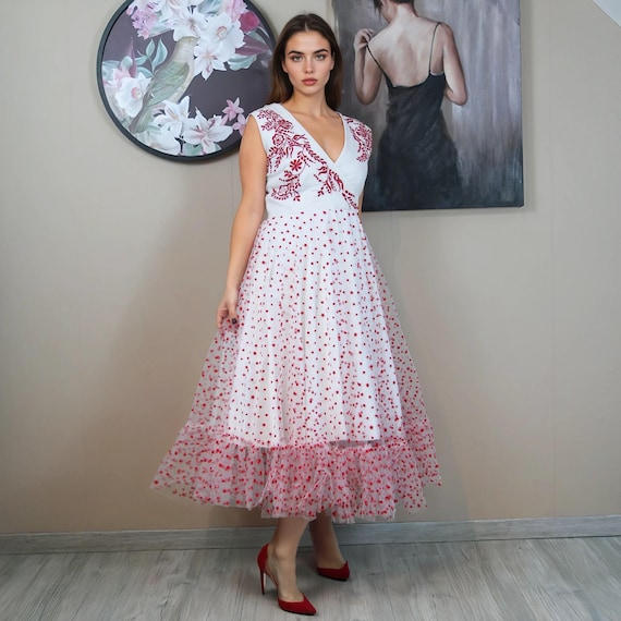 Hand Embroidered Linen midi Dress - V-Back Boho Bridal Gown, Rustic Elegant Bride Dress