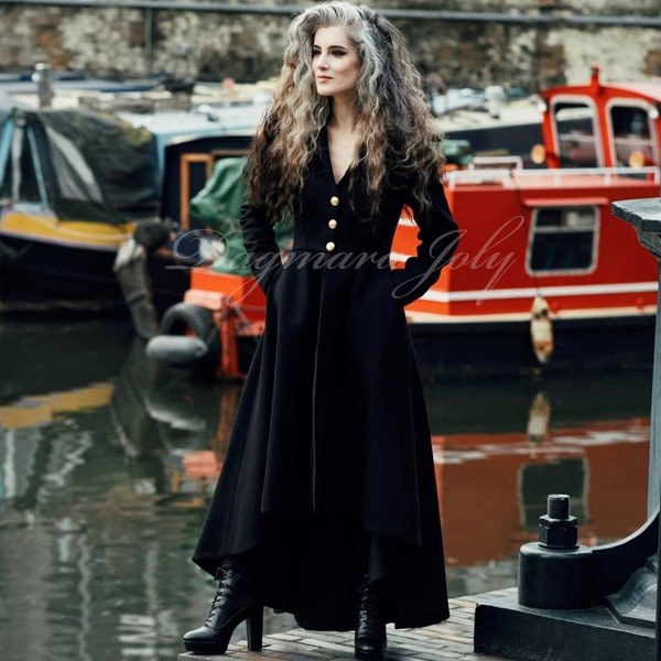 Manteau long en laine noire femme, manteau à queue de pie femme, manteau grand col, manteau asymétrique, manteau court devant long derriere
