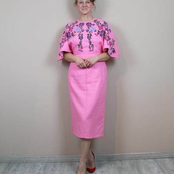 Handmade Linen Fitted Midi Dress: Floral Embroidered Slim Evening Dress, Linen clothing women Handmade Linen Fitted Midi Dress: Floral Embroidered Slim Evening Dress, Linen clothing women