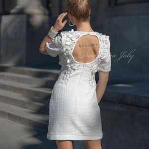Handmade Short Tweed Wedding Dress: Pearl Open Back Bridal Elopement Dress