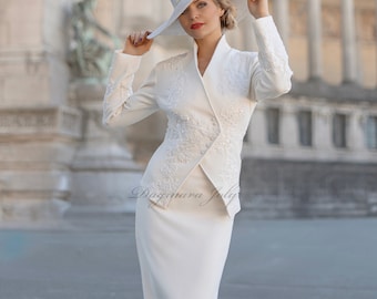 Wedding skirt suit, asymmetrical jacket suit , ivory peplum jacket set, wedding jacket, bridal jacket, bridal skirt suit, women skirt suit,