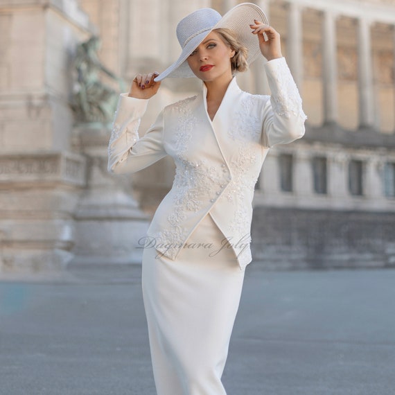 Wedding Skirt Suit, Asymmetrical Jacket Suit , Ivory Peplum Jacket