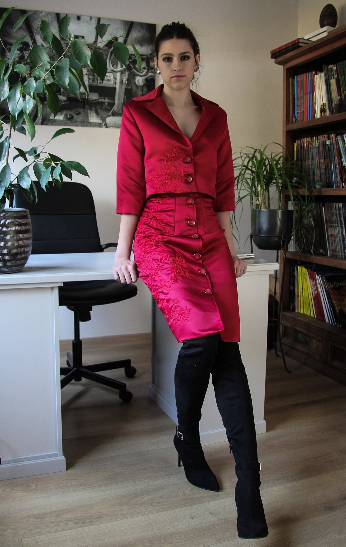 Wood Ear Print Long Skirt Suit Two Pieces