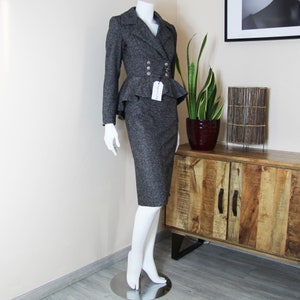 Women double breasted skirt suit, women clothes, gray peplum skirt, women tweed suit, asymmetrical jacket, office clothes, pencil skirt suit