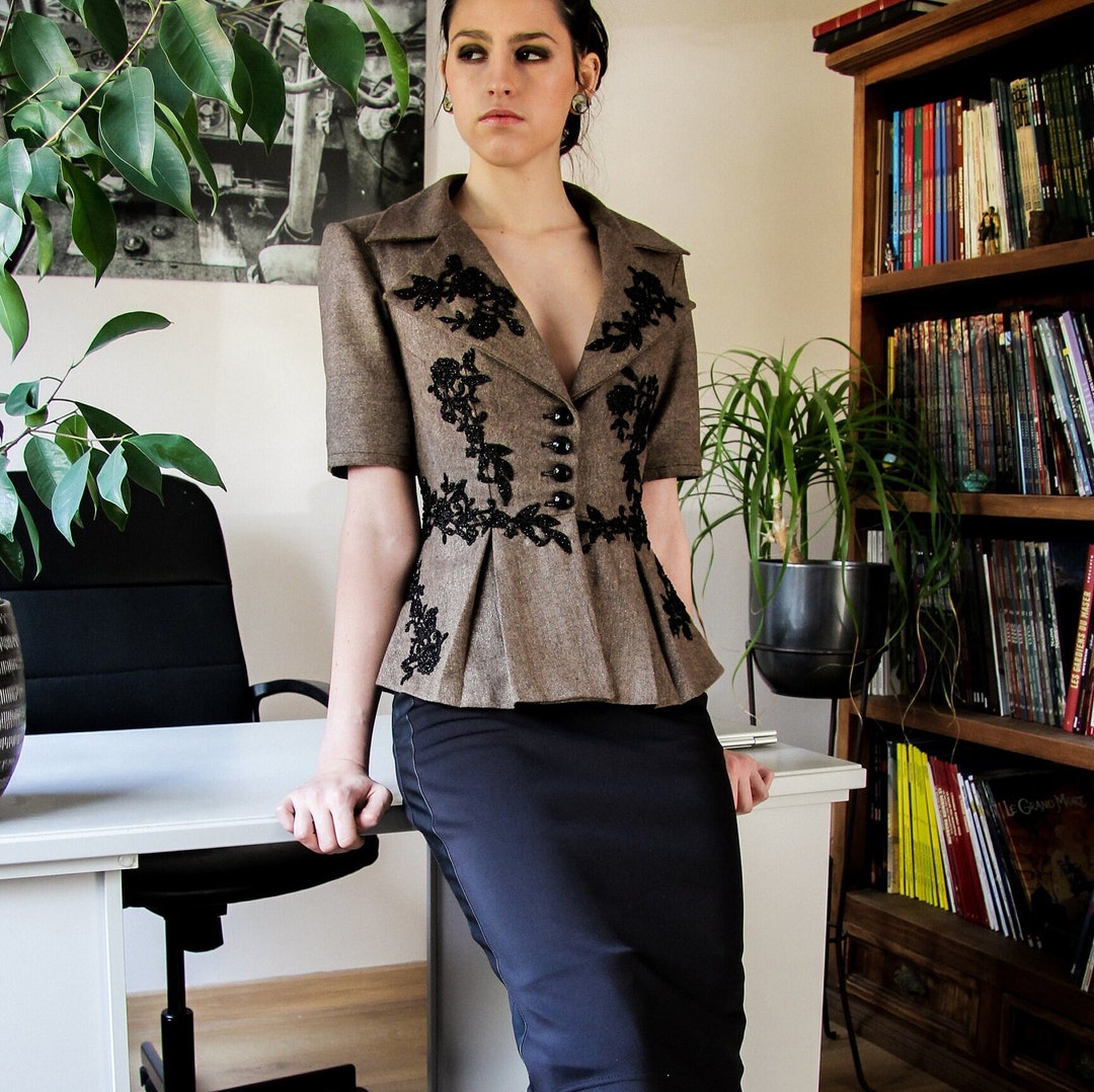 Women Tailored Tweed Jacket, Peplum Tweed Women Jacket