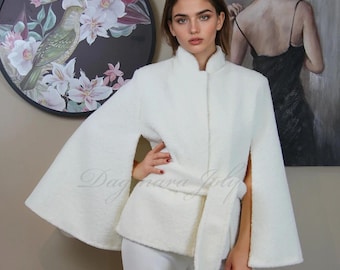Wool Bridal Cape Jacket with Belt, Modern Bride Cape, Swing Wedding dress Cover Up