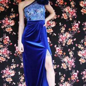 One shoulder blue velvet front slit dress, velvet train dress, women dresses, women clothing, ONE OF A KIND, long dress, floor length dress image 8