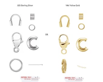 May include: Two sets of jewelry making supplies, one in sterling silver and one in 14kt yellow gold. Each set includes a jump ring, a bead tip, a lobster clasp, a toggle clasp, a jump ring, and a chain. The sets also include a spool of natural silk thread for stringing pearls and beads.