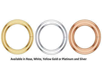 May include: Three circular rings in gold, silver, and rose gold. The rings are split, suggesting they can be opened and closed. Text at the bottom reads "Available in Rose, White, Yellow Gold or Platinum and Silver."