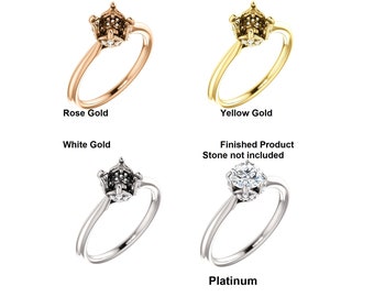 May include: Four engagement rings in different metal finishes: rose gold, yellow gold, white gold, and platinum. The rings feature a delicate crown-shaped setting with a center stone, but the stone is not included. 14kt Solid Gold or Platinum Options.