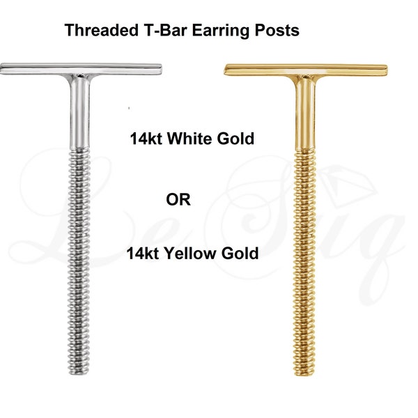 14kt Solid White or Yellow Gold 6mm Threaded T-Bar Screw Earring Post Findings