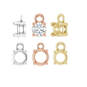 May include: Six pendant settings for gemstones, in three different metal finishes: silver, rose gold, and gold. Each setting features a round bezel with four prongs and a loop at the top for attaching to a chain or cord.