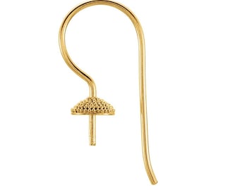18K Yellow Gold Handmade Granulated Pearl Cup Ear Wires w/Post For 6-8mm Pearl