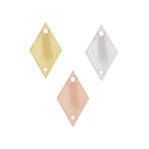May include: Three diamond-shaped metal charms in gold, silver, and rose gold. Each charm has two holes for attaching to jewelry.