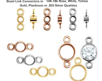 May include: Assortment of gold, silver, and rose gold bezel link connectors. The connectors have three rings and are available in different styles, including a round bezel with a setting for a stone.