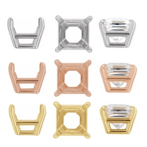 10K 14k 18k 950 .925 Square Princess Pre-Notched Four-Prong Base Unset Basket Setting One Stone Mount 4x4-6.5x6.5mm for Ring, Pendant, Charm