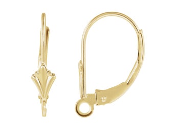 14K Solid Yellow Gold Fleur De Lis Leverback Earrings w/Ring 2pcs Levers Design