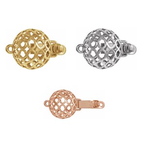 May include: Three different colored metal clasps for necklaces or bracelets. The clasps are round and have a delicate, intricate design. The clasps are available in gold, silver, and rose gold.