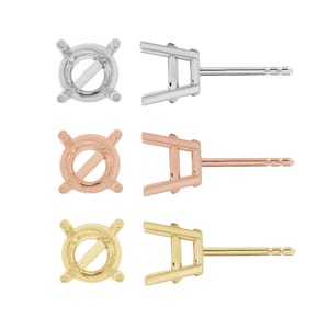 14K Rose White Yellow Gold or PT950 Platinum Double-Notched Protektor Round 4 Prong Friction Post Stud Earring Mount Basket Settings