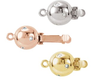 May include: Three different colored ball clasps with small diamonds set in the ball. The clasps are silver, rose gold, and gold.
