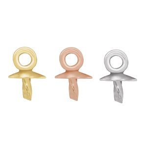May include: Three metal bead tips in gold, rose gold, and silver. Each tip has a small loop at the top and a twisted wire at the bottom.