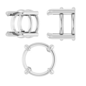 May include: Three views of a silver jewelry setting. The setting is designed to hold a round gemstone, with four prongs. The setting has a modern, minimalist design, with clean lines and a polished finish.
