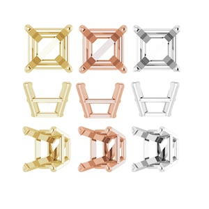 May include: Three different metal settings for a square-shaped gemstone. The settings are shown from three different angles: top, side, and bottom. The settings are available in yellow gold, rose gold, and silver.