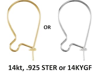 10K 14K 18K Solid Rose, White, Yellow Gold, Silver or 14KYGF Plain Kidney Ear Wires Hooks 15x8.5 mm w/Ring