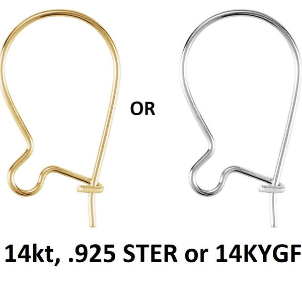 10K 14K 18K Solid Rose, White, Yellow Gold, Silver or 14KYGF Plain Kidney Ear Wires Hooks 15x8.5 mm w/Ring