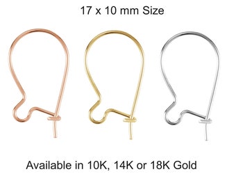 Larger Size 10K 14K 18K Solid Rose, White or Yellow Gold Plain Kidney Ear Wires Hooks 17 x 10 mm w/Ring