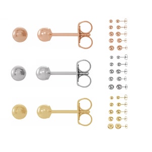 14K Rose White or Yellow Gold Round Polished Bright Finish Friction Back Ball Post Earrings Studs Size 3mm-8mm New