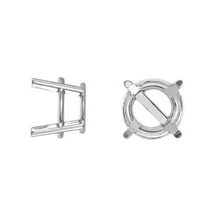May include: Two silver-colored jewelry settings are displayed against a white background. One setting is a square-shaped prong setting, and the other is a round setting with four prongs and a bar across the center. These settings are designed for jewelry making.