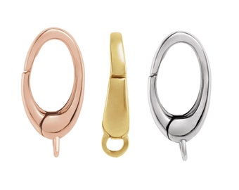 May include: Three oval-shaped clasps for jewelry making. The clasps are made of metal and are available in rose gold, yellow gold, and silver.