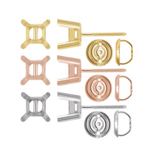 May include: Three sets of earring backs in gold, rose gold, and silver. Each set includes a post, a back, and a setting for a stone.