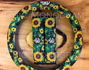 Monogrammed Sunflower Steering Wheel Cover Seat Belt Covers Sunflowers Padded Insulated Custom Steering Wheel Cover Cute Car Accessories