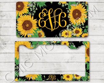 Sunflower Monogrammed Car Tag Sunflowers Floral License Plate Frame License Plate Holder Personalized Car Tag Gifts for Bridal Shower