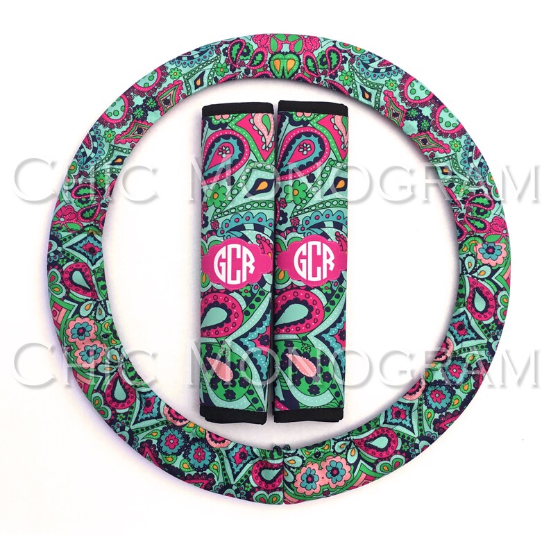 Monogrammed Steering Wheel Cover & Seat Belt Cover Set Custom Etsy