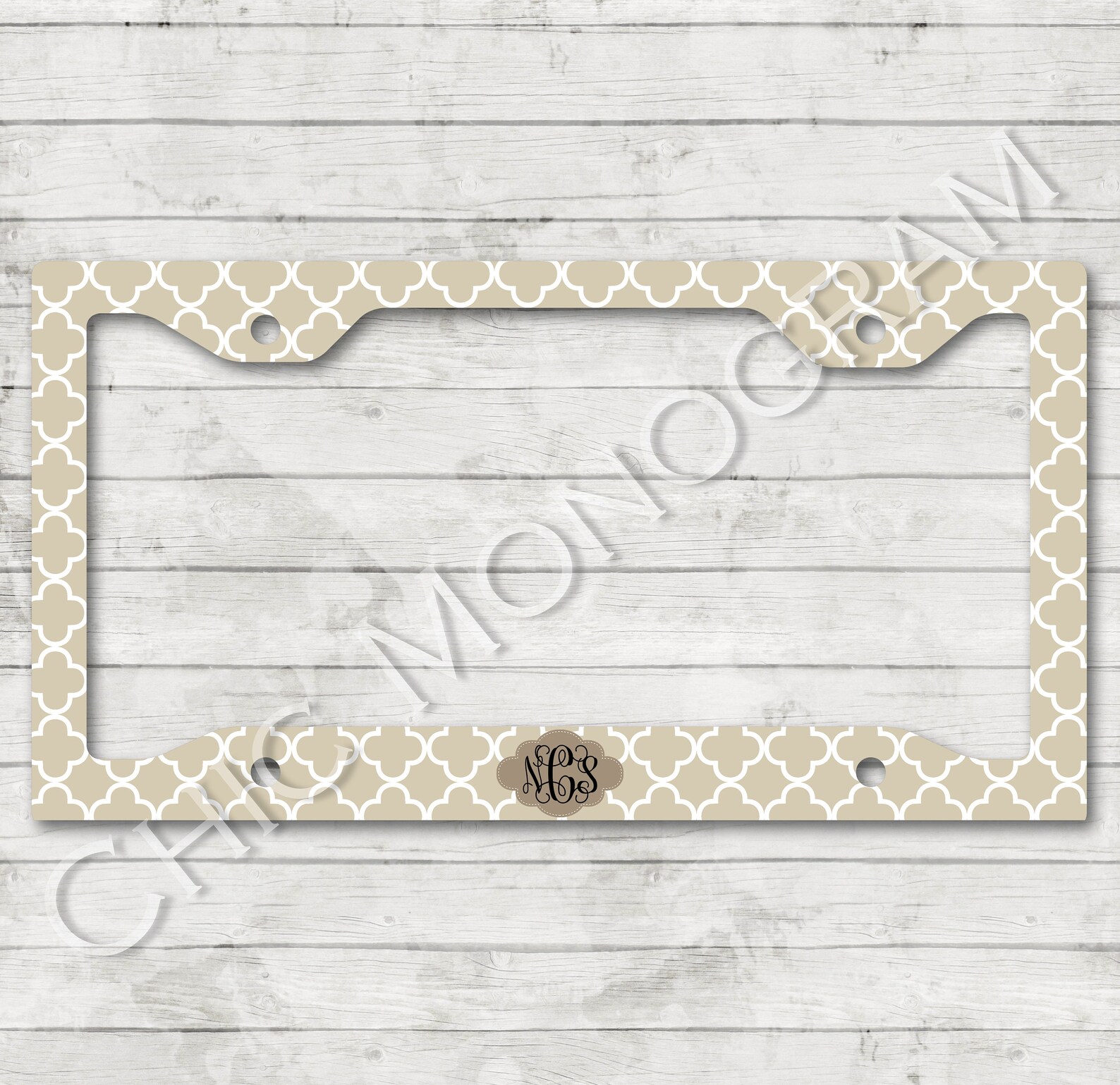 Beige Quatrefoil Car Tag License Plate Frame Monogram Front Etsy