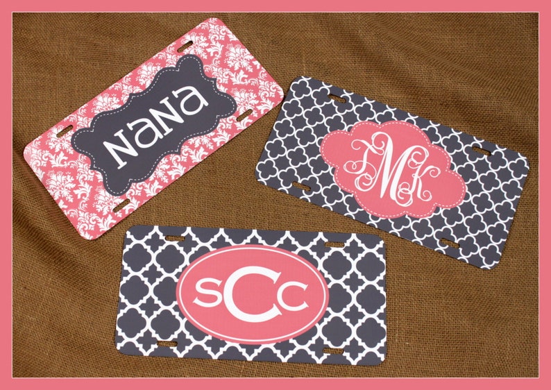 Personalized Monogrammed Car Tag License Plate Chevron Damask Pink Monogram