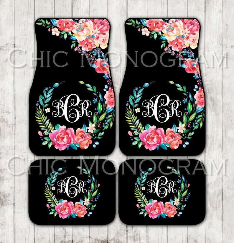 Floral Monogrammed Car Mats Classy Black Monogram Carmats Car Etsy